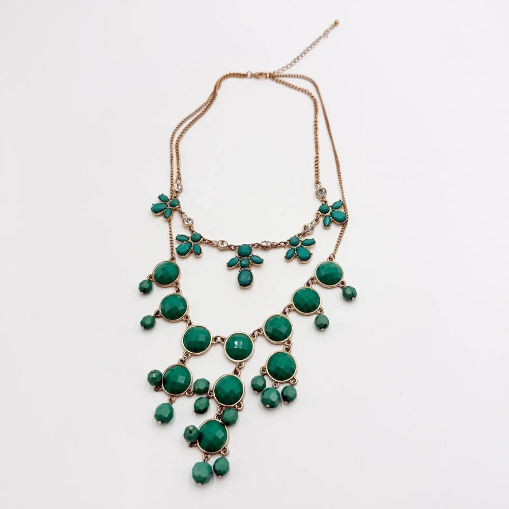 Vintage Turquoise Statement Necklace Gold Tone Layered Bib Necklace - Picture 3 of 10